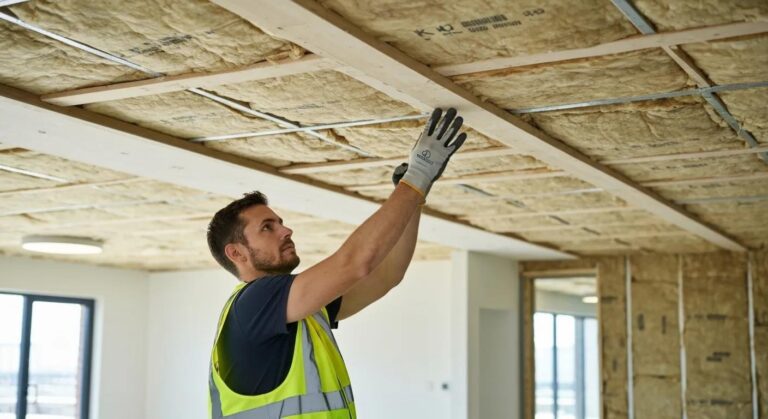 Technician inspecting K-13 insulation in a commercial space, highlighting energy efficiency and thermal performance