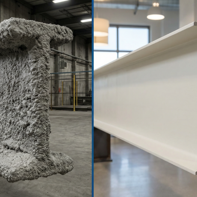 Side-by-side comparison of cementitious fireproofing on a steel I-beam in a warehouse versus smooth intumescent fireproofing on a steel beam in a finished office space.