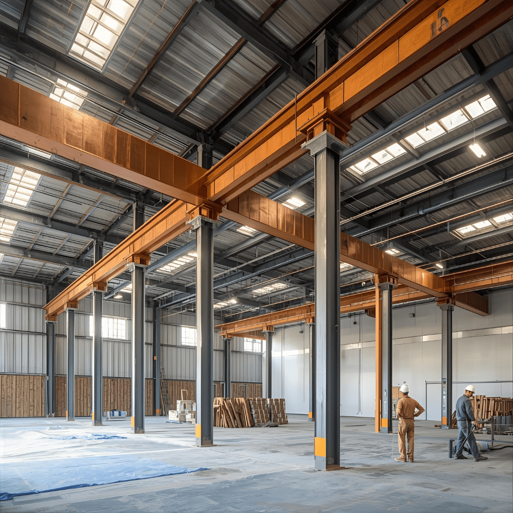 A high-bay warehouse fireproofing installation, in the beginning stages