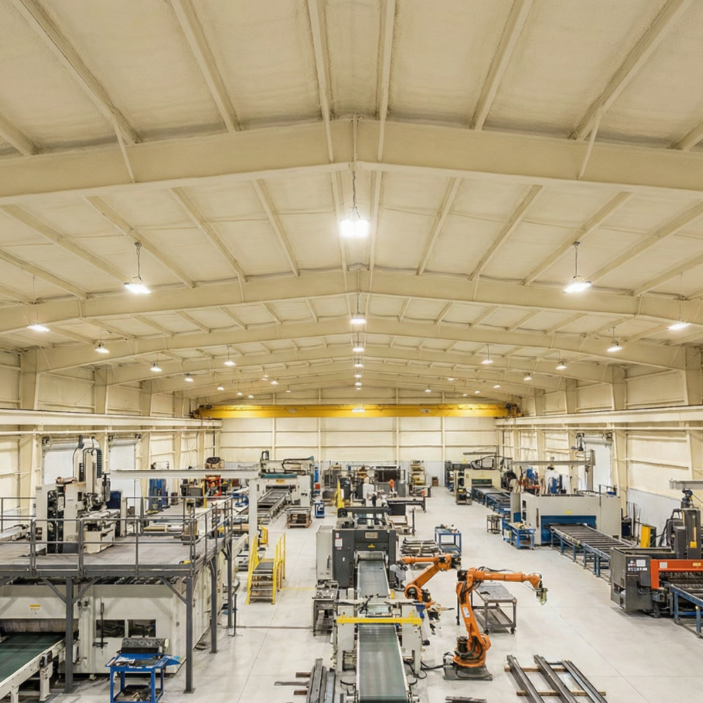Interior of a large industrial manufacturing facility with spray foam insulation coating the arched metal roof deck and structural steel framing above active production equipment.