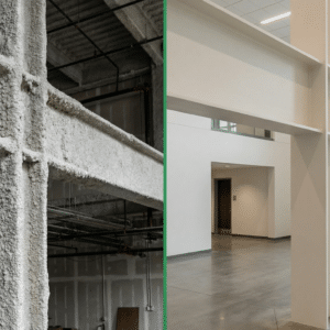 Side by side comparison of cementitious SFRM showing rough textured coating on structural steel column and beam during construction versus intumescent fireproofing with smooth painted finish on exposed steel beam in completed commercial interior