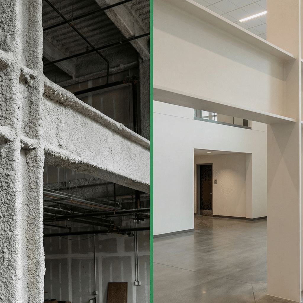 Side by side comparison of cementitious SFRM showing rough textured coating on structural steel column and beam during construction versus intumescent fireproofing with smooth painted finish on exposed steel beam in completed commercial interior
