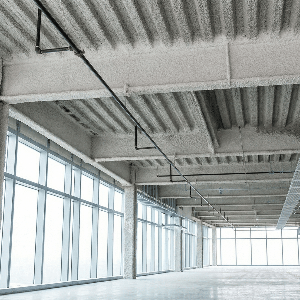 Commercial Fireproofing Cost: What to Expect Per Square Foot 1 Spray-applied fireproofing (SFRM) coating on structural steel beams, deck, and columns in an empty commercial building interior with floor-to-ceiling windows