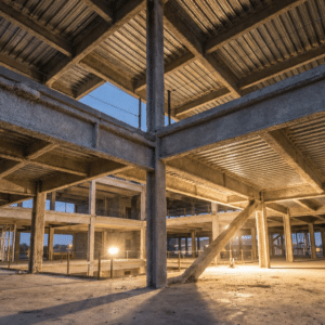 Spray-applied commercial fireproofing covering structural steel columns beams and metal deck on a multi-story commercial building under construction showing SFRM applied to primary frame members and floor assemblies