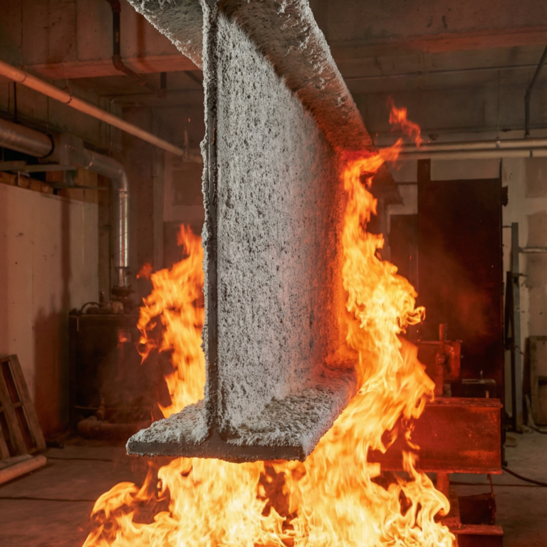 Cementitious SFRM spray-applied fireproofing protecting a structural steel wide-flange beam during fire exposure showing the fire-resistive material insulating the steel while flames surround the member