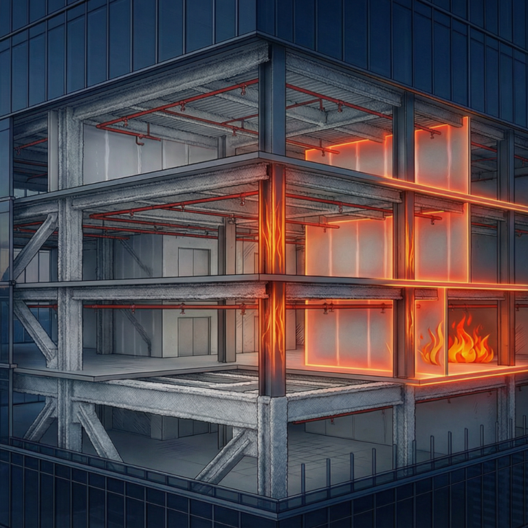 Cutaway illustration of high-rise steel frame building showing spray-applied fireproofing on structural columns and beams with fire exposure on two floors demonstrating fire resistance rated construction