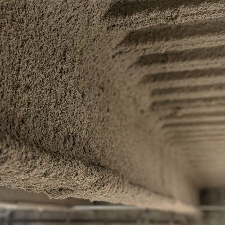 Close-up of spray-applied fire-resistive material SFRM on structural steel beam showing cementitious texture and thickness