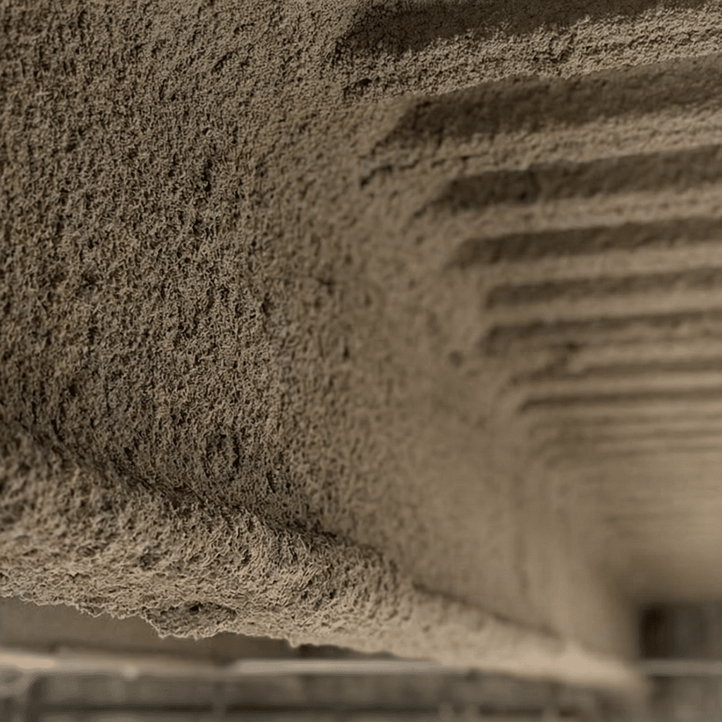 SFRM Density Categories: Low, Medium, and High Density Explained 1 Close-up of spray-applied fire-resistive material SFRM on structural steel beam showing cementitious texture and thickness