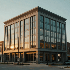 Commercial building with structural steel framing and glass curtain wall in downtown Wichita Kansas at sunset