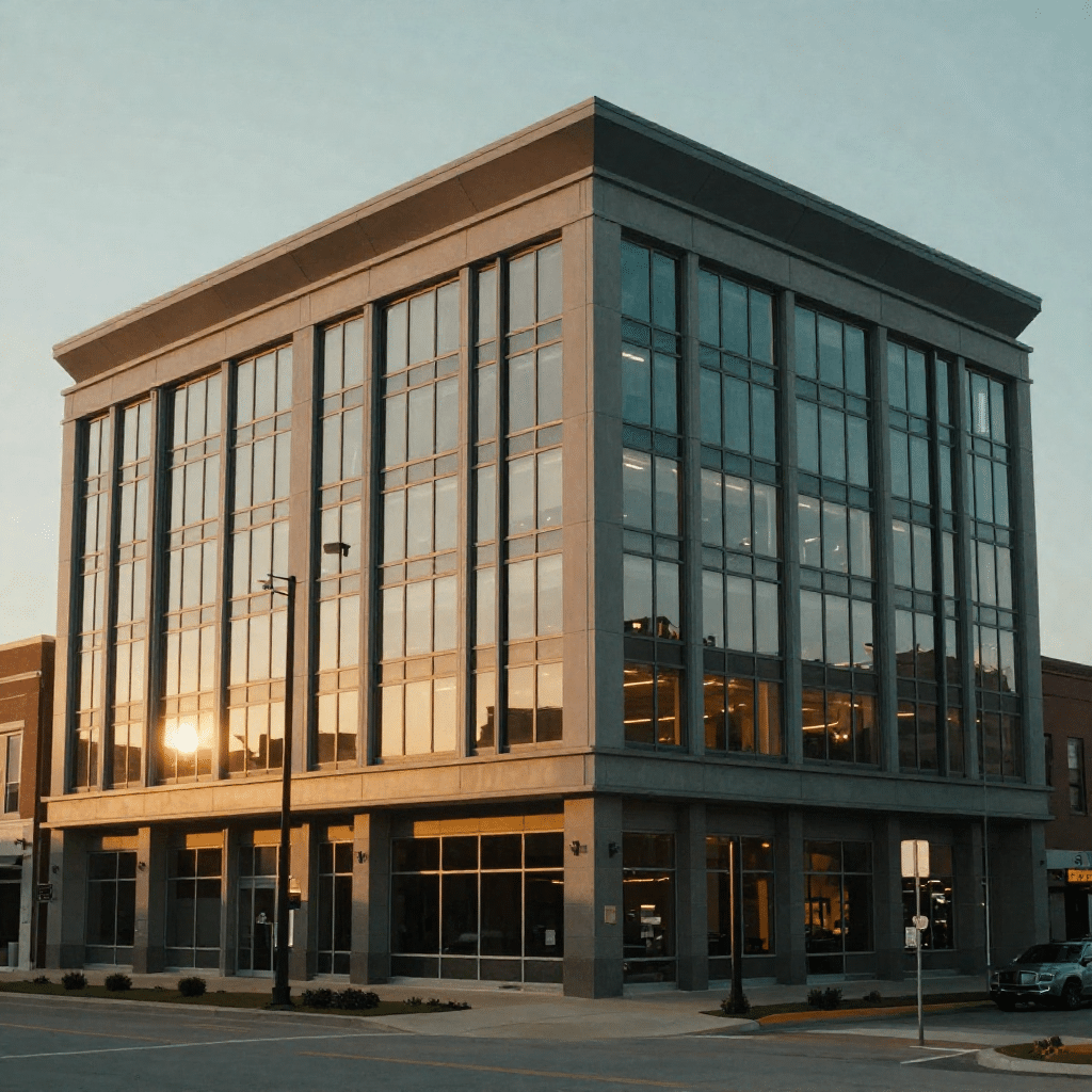 Commercial building with structural steel framing and glass curtain wall in downtown Wichita Kansas at sunset