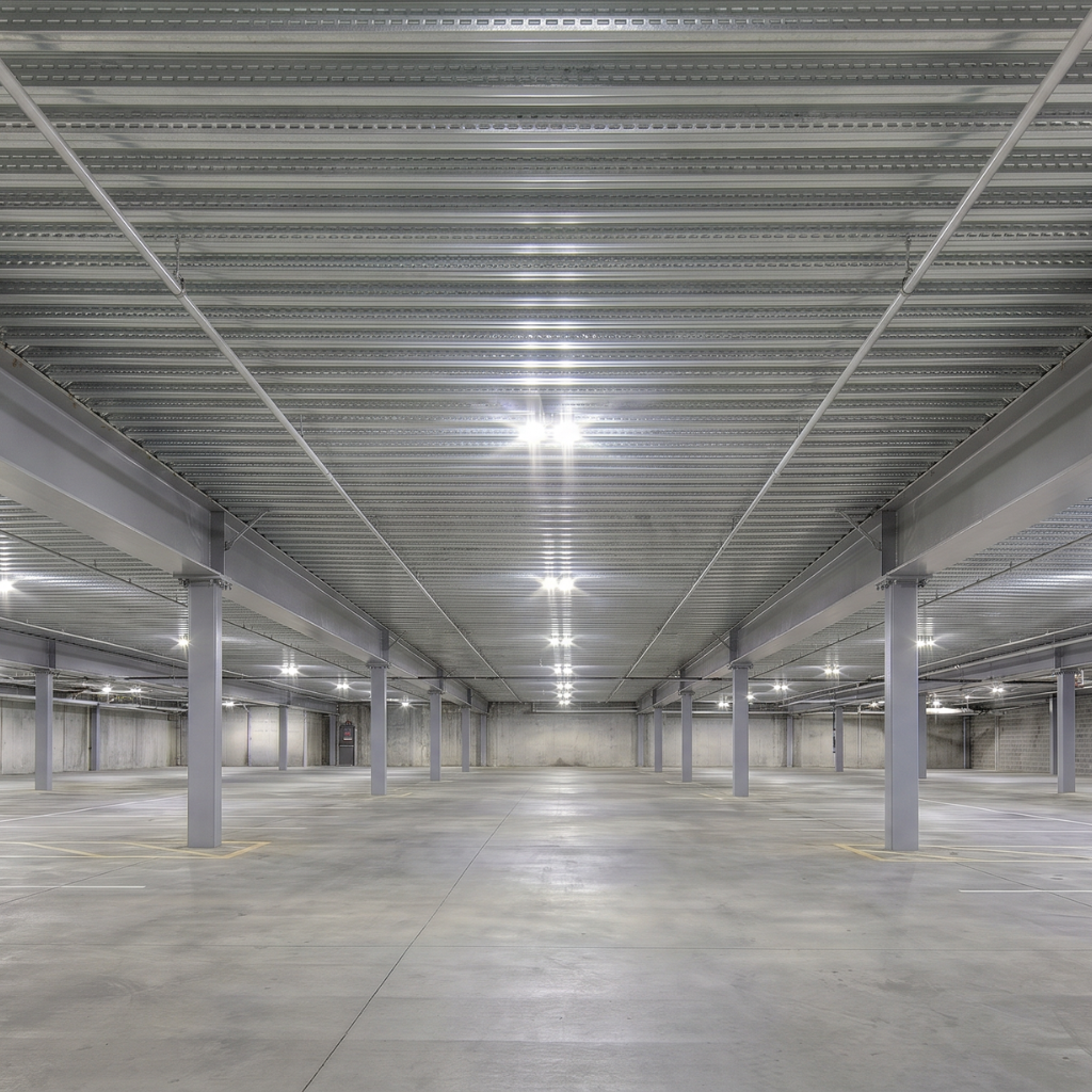 Empty multi-level parking garage interior with exposed corrugated steel deck ceiling, intumescent-coated steel columns, and bright LED lighting stretching the length of the structure.