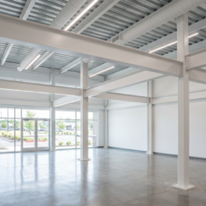 Bright, finished retail shell with polished concrete floor, large storefront windows, and exposed structural steel beams and columns coated in a smooth white intumescent fireproofing finish, illustrating aesthetic fire protection for exposed steel.