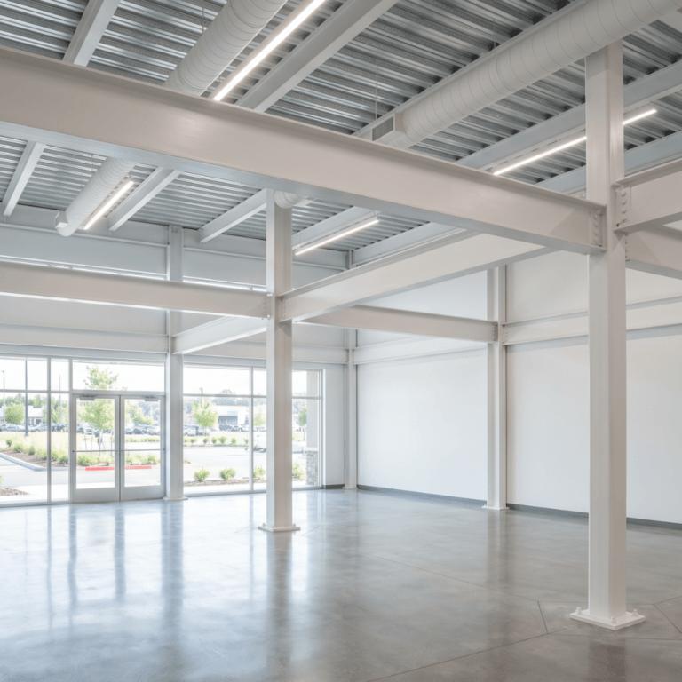 Bright, finished retail shell with polished concrete floor, large storefront windows, and exposed structural steel beams and columns coated in a smooth white intumescent fireproofing finish, illustrating aesthetic fire protection for exposed steel.
