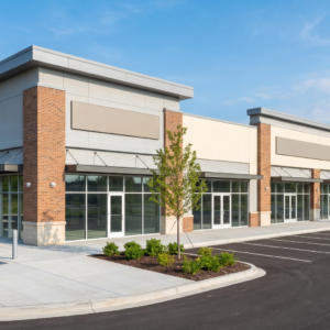 Modern multi-tenant retail building with brick and EIFS facade, glass storefronts, and an empty parking lot, representing the type of commercial shell where K-13 insulation can be applied to exposed ceilings for acoustic and thermal control.