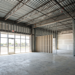 Unfinished interior of a modern retail shell space with exposed corrugated metal roof deck, steel framing, and concrete floor, illustrating the type of open-ceiling structure that requires fireproofing before tenants build out the space.