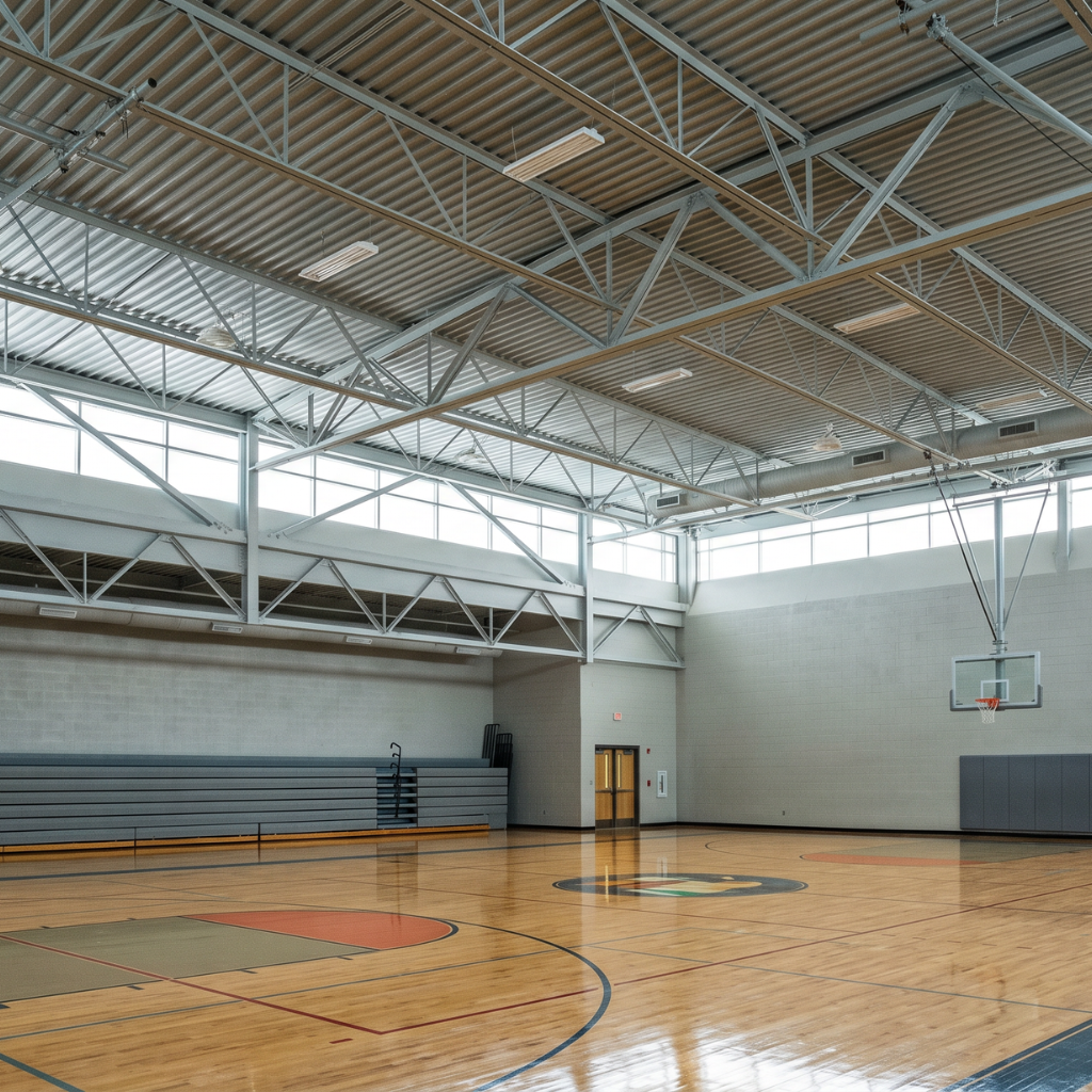 School Acoustic Insulation: K-13 Spray-Applied Performance for K-12 Gyms, Cafeterias, and Classrooms 1 Empty K-12 school gymnasium with exposed structural steel trusses, polished hardwood basketball court, retractable bleachers, and bright LED high-bay lighting — illustrating long-span steel construction requiring fireproofing in educational buildings.