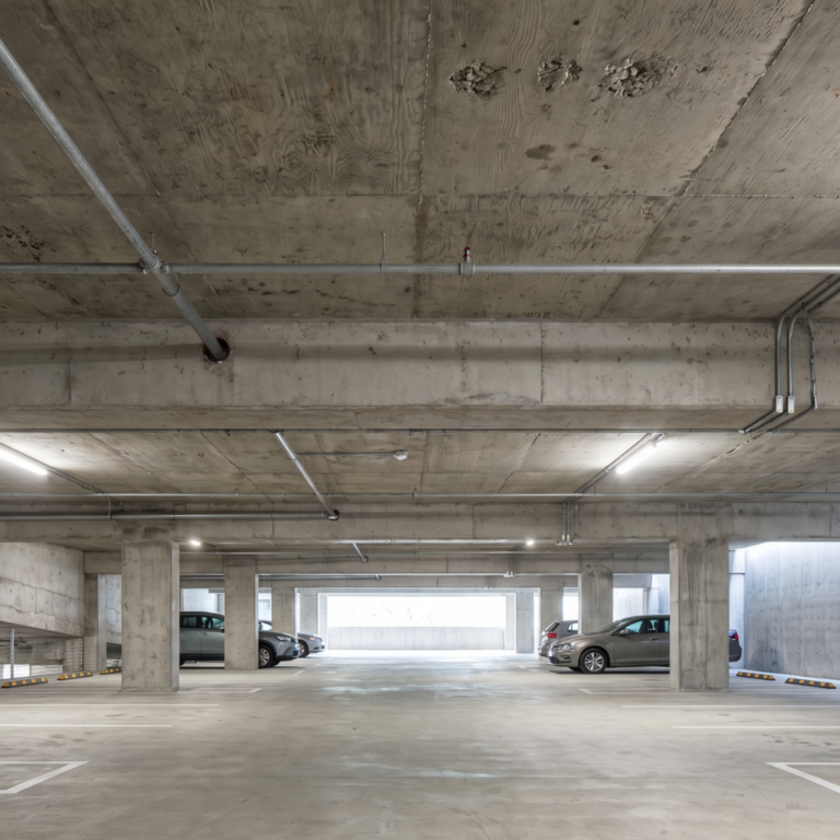 Raw exposed concrete ceiling and structural columns inside a multi-level parking garage, with bare MEP piping and conduit, painted floor striping, and parked vehicles in the background. Before any spray foam insulation has been applied