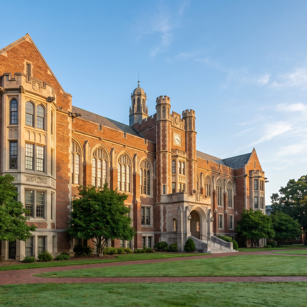 Spray Foam Insulation for Universities: Energy Efficiency in Campus Buildings 1 Grand collegiate university campus building with brick facade, arched windows, and mature tree-lined quad — the type of large institutional structure where spray foam insulation improves energy efficiency across aging and new campus buildings alike.
