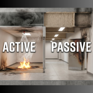 On the left sprinklers are spraying a fire, showing active fireproofing, and on the right it's showing passive fireproofing, which is SFRM that is spready on the steel structure of the building.