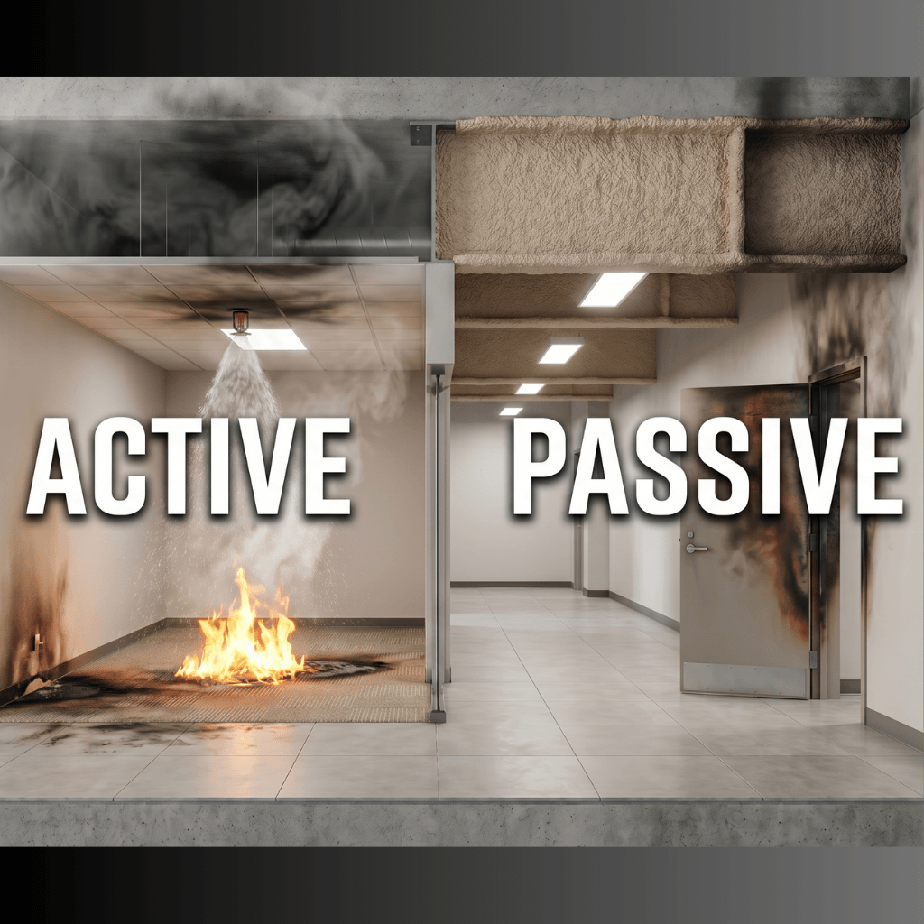 Active Vs. Passive Fire Protection: What Building Owners Need To Know 1 On the left sprinklers are spraying a fire, showing active fireproofing, and on the right it's showing passive fireproofing, which is sfrm that is spready on the steel structure of the building.