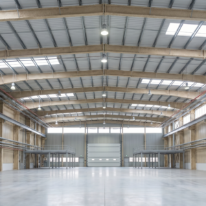 Interior of an empty steel-framed commercial warehouse showing spray-applied fireproofing on the exposed roof beams and columns, with metal roof decking, skylights, and a polished concrete floor.