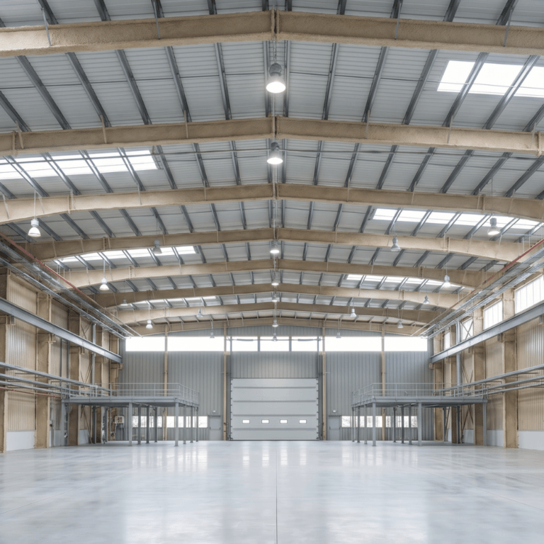Interior of an empty steel-framed commercial warehouse showing spray-applied fireproofing on the exposed roof beams and columns, with metal roof decking, skylights, and a polished concrete floor.