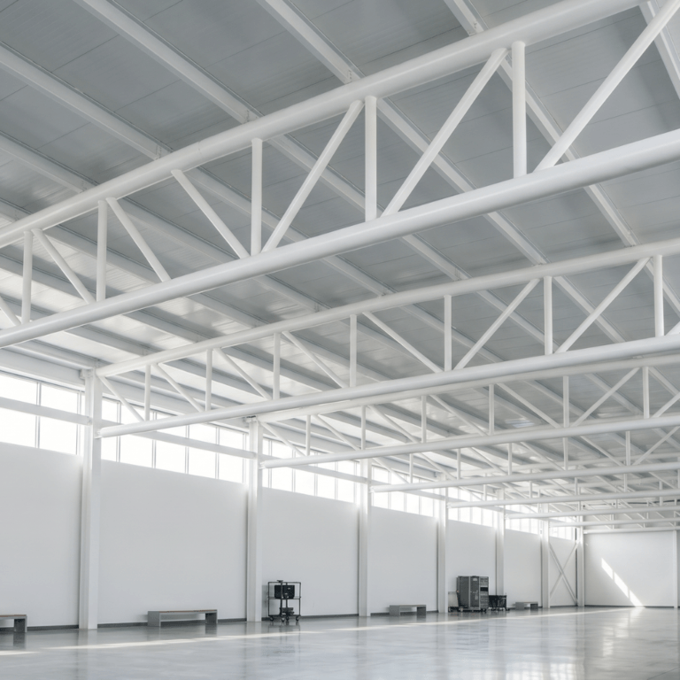 An industrial white building that's painted with a Intumescent coating on the exposed structural steel, for fireproofing.