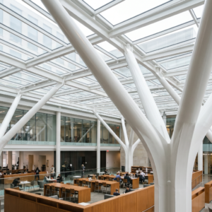 Intumescent coating on an AESS building showing the exposed steel inside of an office building