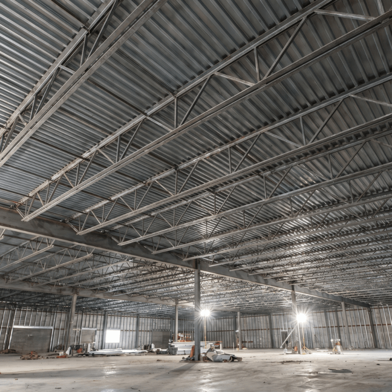 A commercial building with exposed steel before the application of fireproofing in K-13 insulation