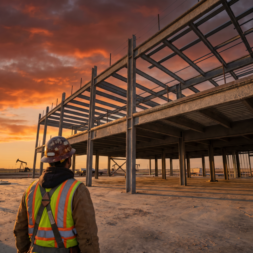 Texas commercial construction site at dusk — hyper realistic blog hero image