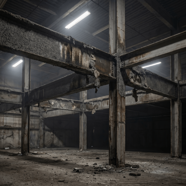 Fireproofing repair: damaged spray-applied fireproofing peeling off steel beams and columns, with debris on the floor