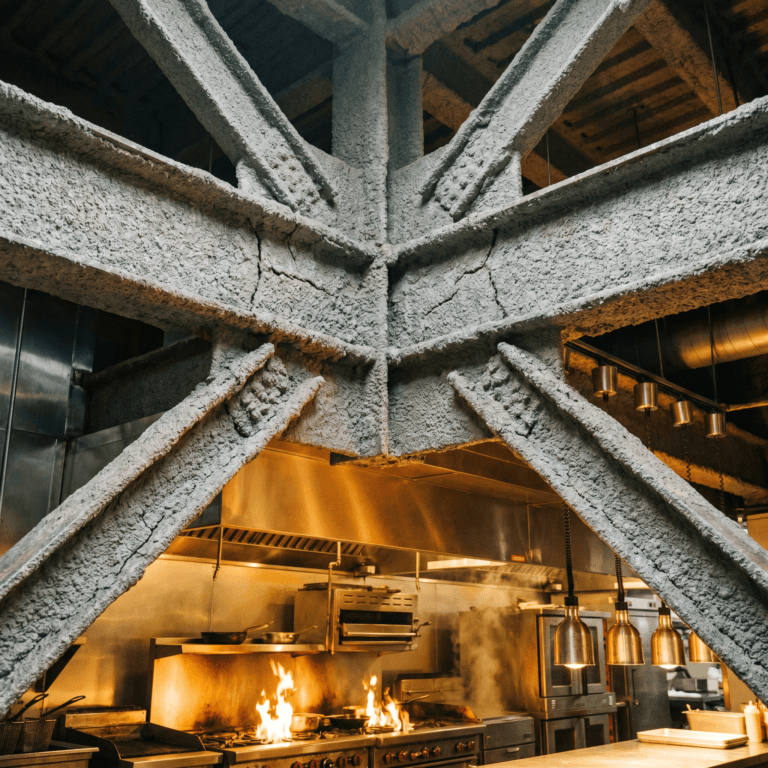 Restaurant fireproofing: spray-applied fireproofing on steel bracing above a commercial kitchen line