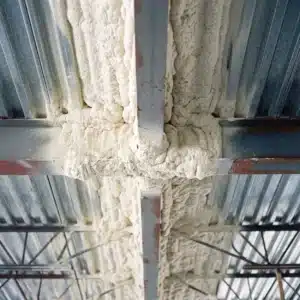 Agricultural insulation: off-white closed-cell spray foam coating the underside of a corrugated metal roof deck and packed around steel purlins