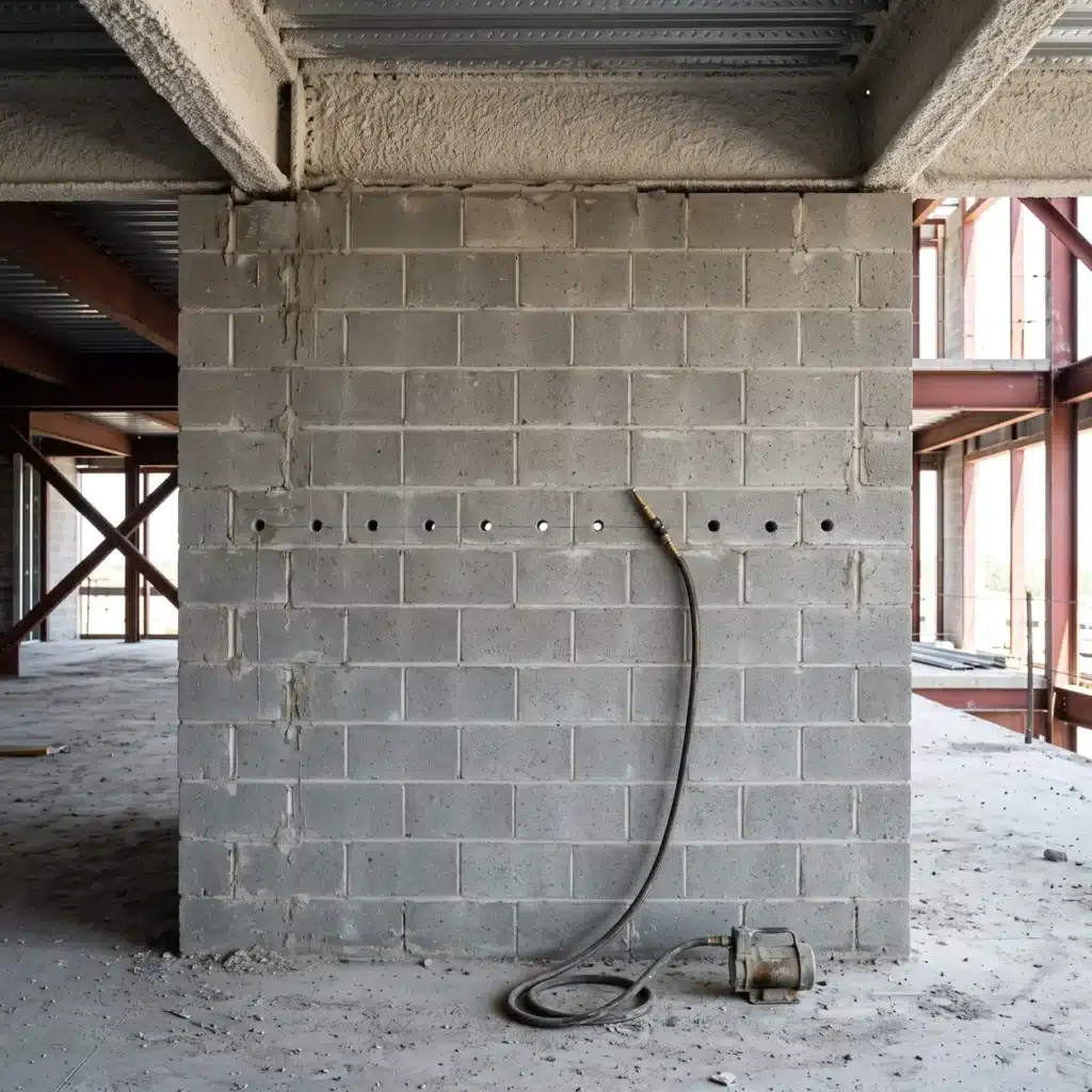 Core-Fill Installation: The Complete Step-By-Step Guide 3 Core-fill installation: concrete block wall with a row of evenly spaced foam injection holes drilled along a mortar joint