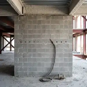 Core-Fill installation: concrete block wall with a row of evenly spaced foam injection holes drilled along a mortar joint