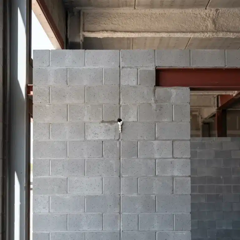 Core-Fill 500: unfinished concrete masonry wall with a small foam injection hole drilled in a mortar joint