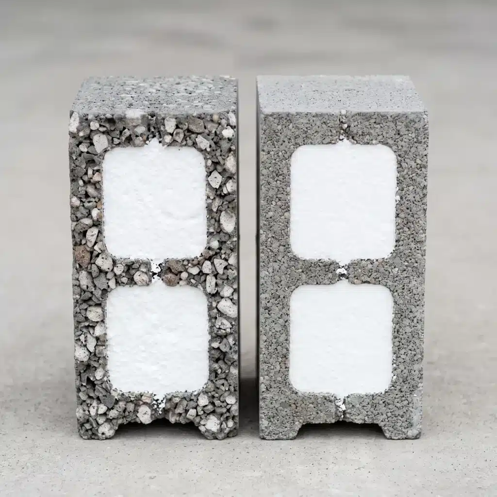 Core-Fill R-Value And Fire Safety: What The Data Shows 1 Core-fill r-value: two sawn concrete blocks with foam-filled cores side by side, one lightweight aggregate and one normal weight