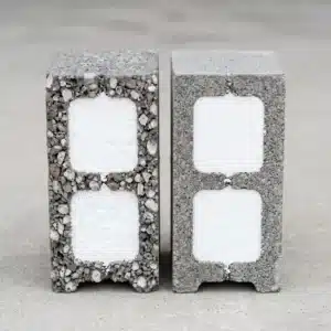 Core-Fill R-value: two sawn concrete blocks with foam-filled cores side by side, one lightweight aggregate and one normal weight