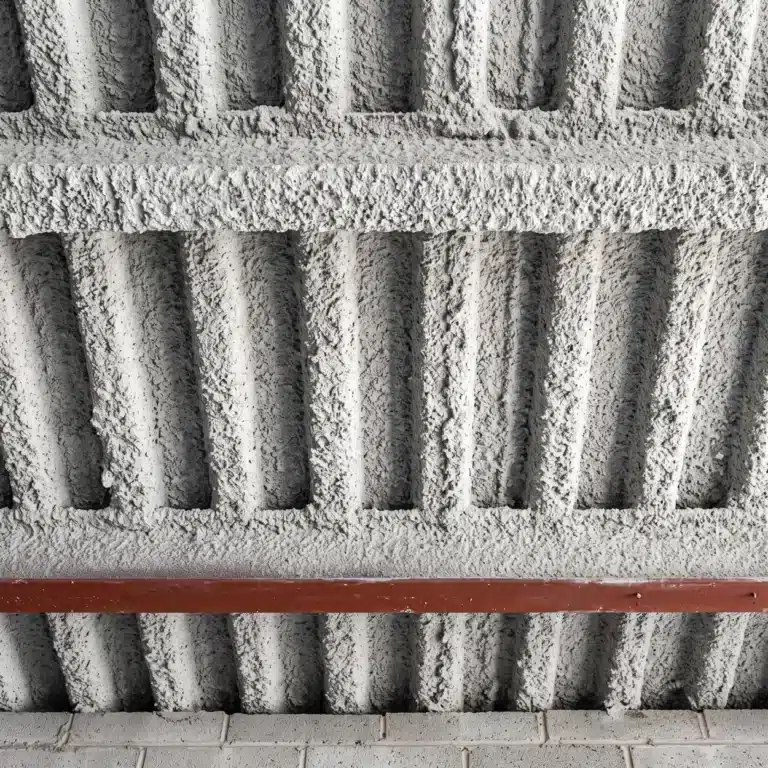 Correctional insulation: gray-white spray-applied fiber insulation covering an exposed steel deck ceiling and joists above a masonry wall
