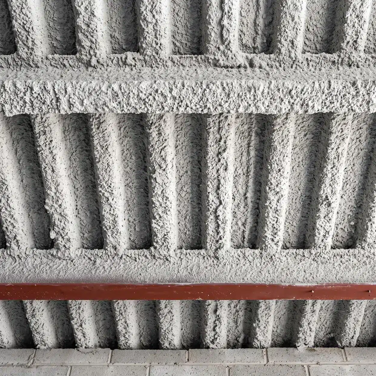Correctional insulation: gray-white spray-applied fiber insulation covering an exposed steel deck ceiling and joists above a masonry wall