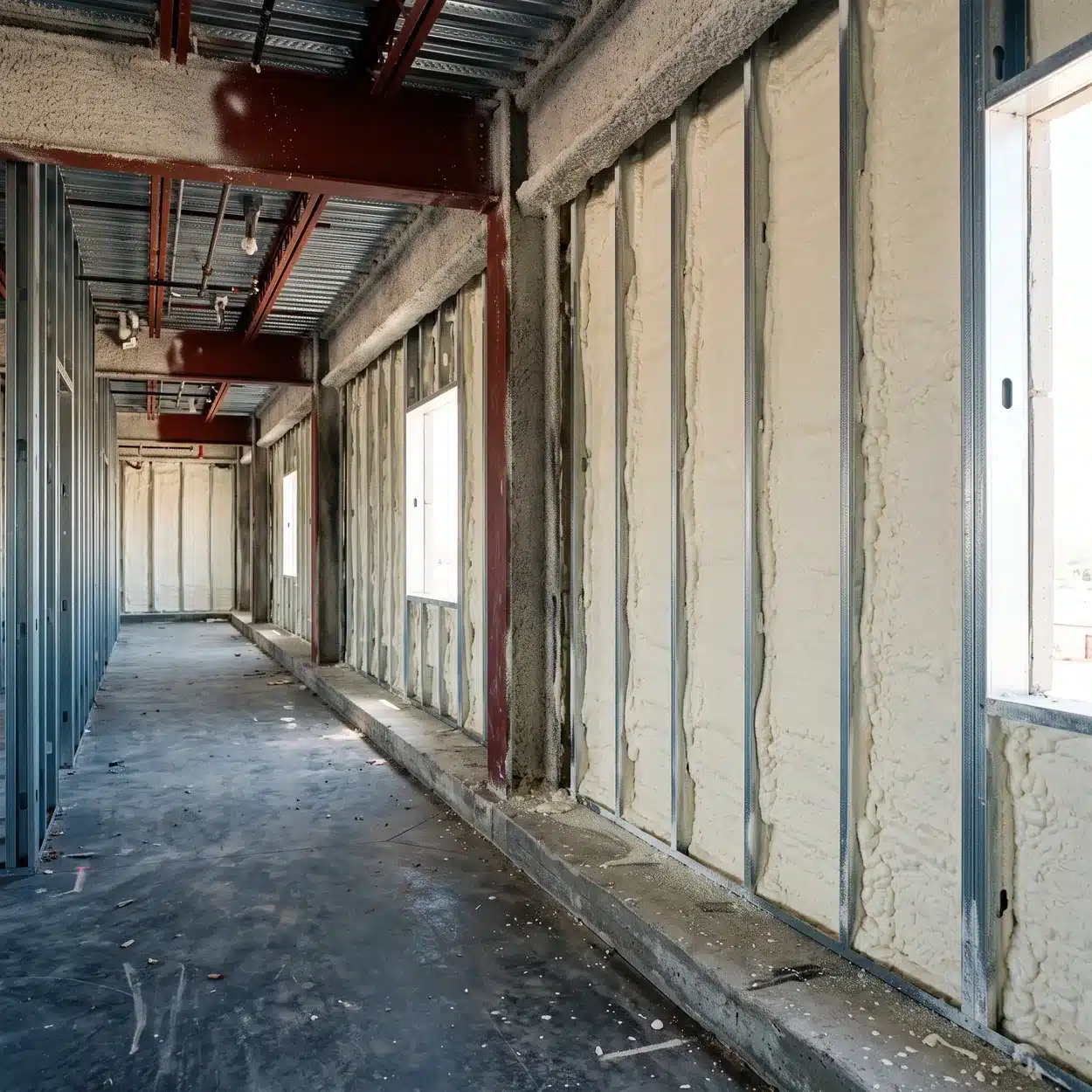 Hotel insulation: closed-cell spray foam applied across exterior wall framing and over the slab edge in an unfinished hotel corridor