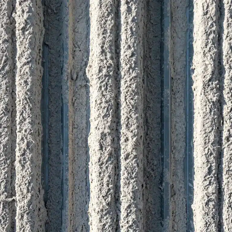 K-13 color: pale gray sprayed fiber finish on an exposed metal deck ceiling under low raking light showing texture and flute shadow