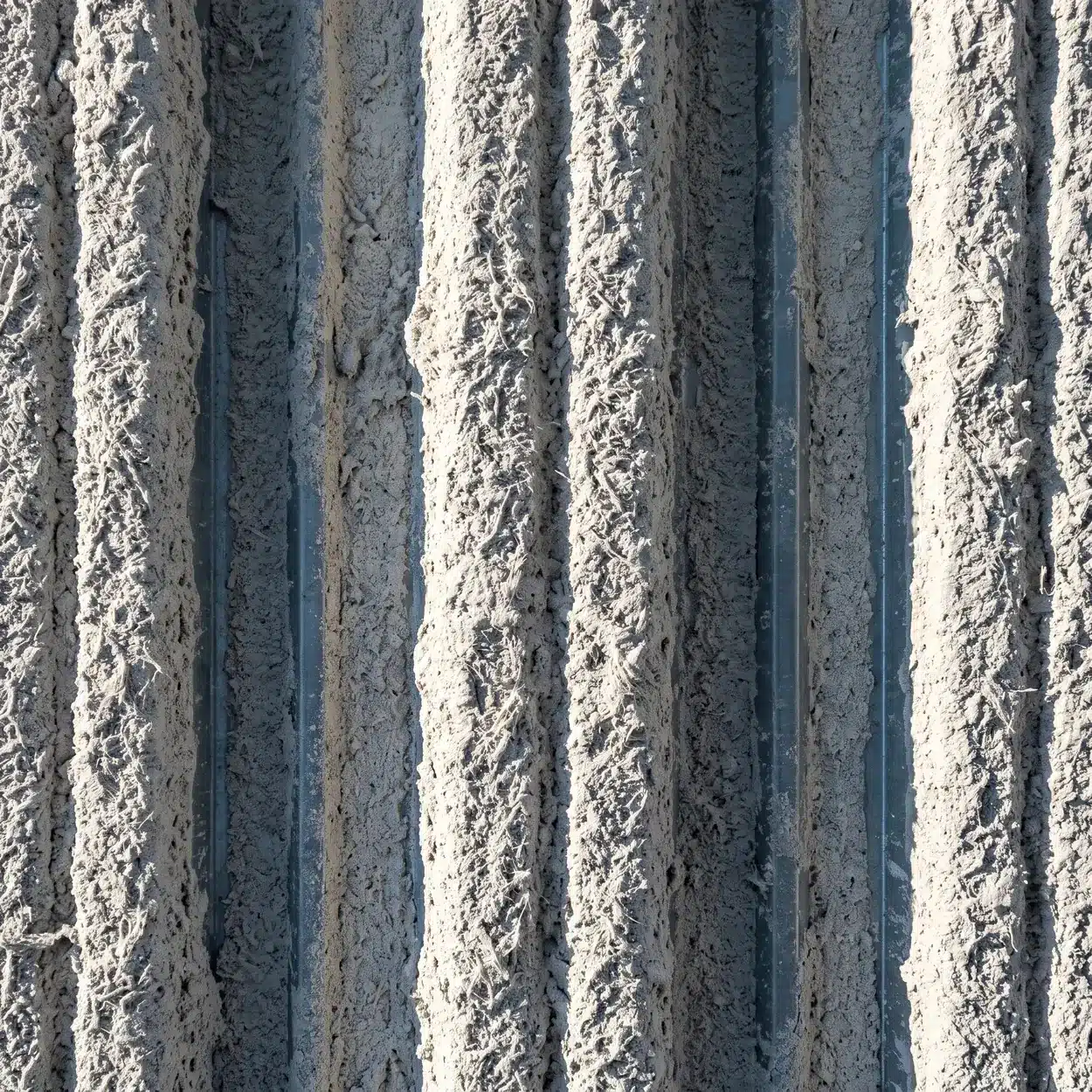 K-13 color: pale gray sprayed fiber finish on an exposed metal deck ceiling under low raking light showing texture and flute shadow