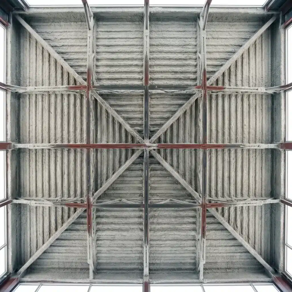 K-13 Maintenance And Long-Term Inspection Guide 4 K-13 maintenance: exposed steel deck ceiling coated in gray-white spray-applied fiber insulation viewed from below