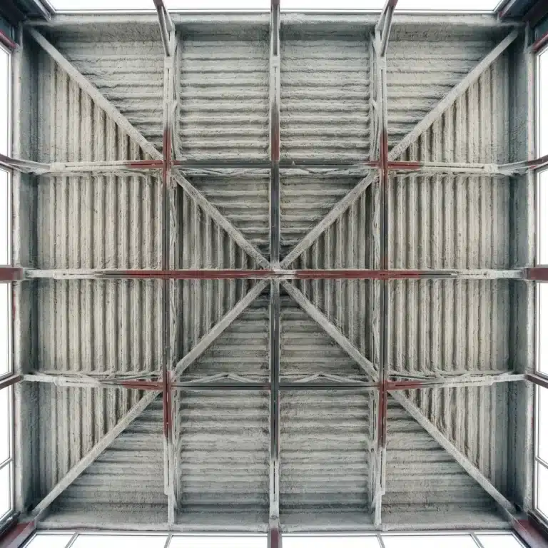 K-13 maintenance: exposed steel deck ceiling coated in gray-white spray-applied fiber insulation viewed from below
