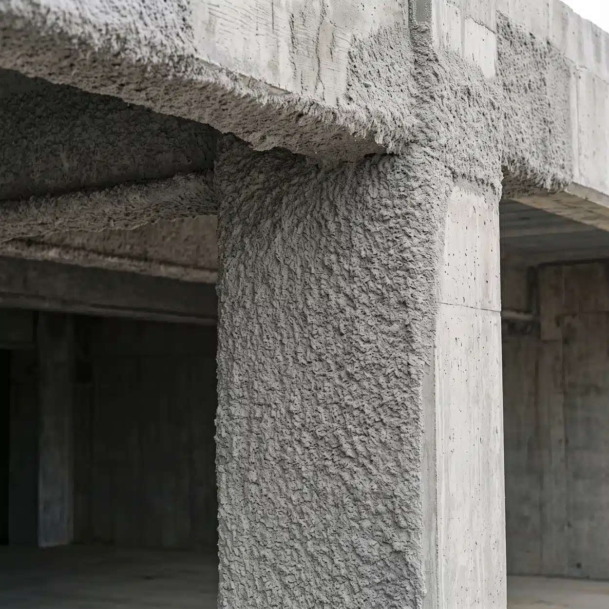 Multi-family insulation: gray sprayed fiber insulation coating a concrete parking podium deck and wrapping a square column head