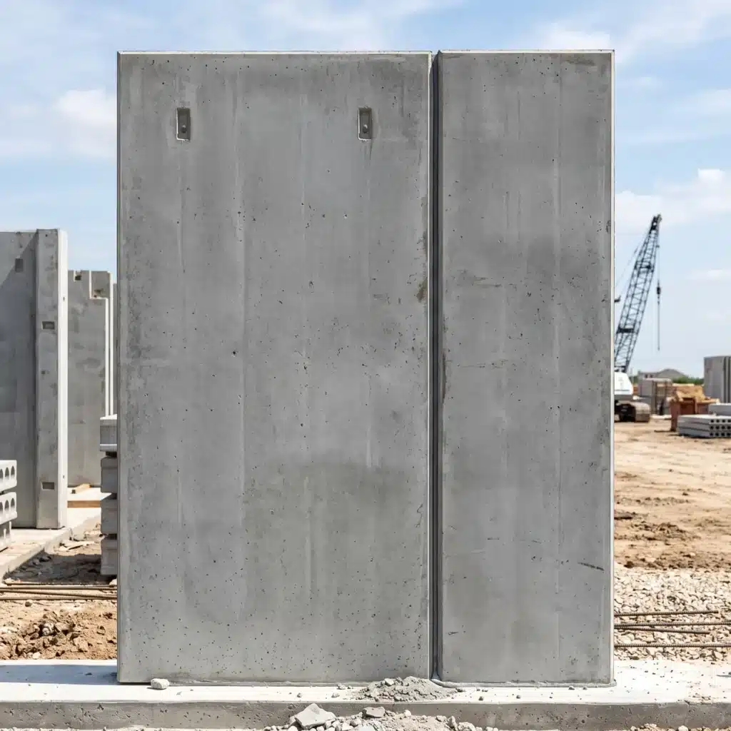 Precast Insulation: The Complete Core-Fill 500 Panel Guide 2 Precast insulation: vertical precast concrete hollow-core wall panels standing at a commercial construction site