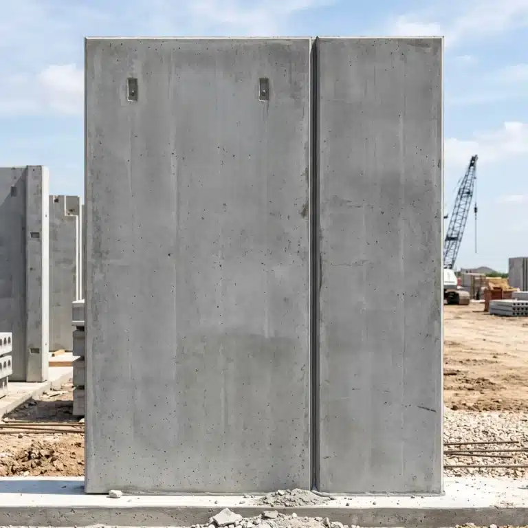 Precast insulation: vertical precast concrete hollow-core wall panels standing at a commercial construction site