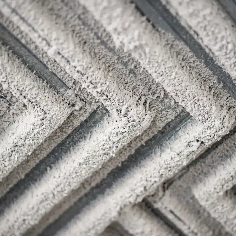 Sanctuary acoustics: pale sprayed fiber insulation covering an exposed corrugated metal roof deck with flutes running across the frame