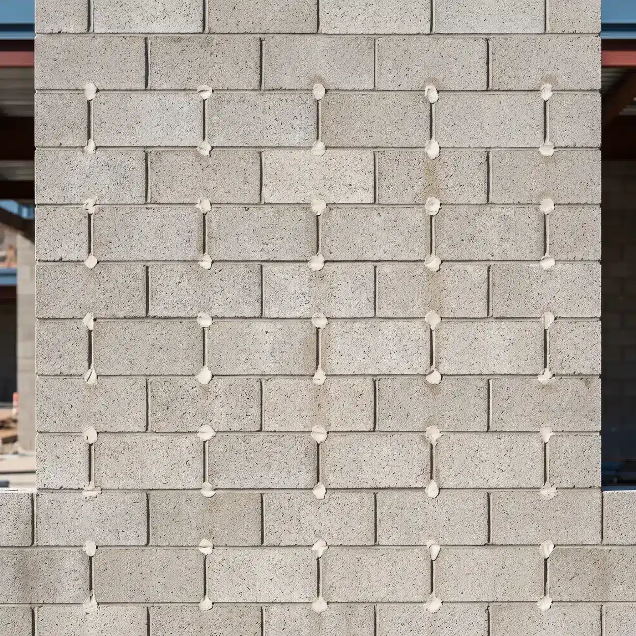 School Masonry Insulation: The Complete Core-Fill 500 Guide 1 School masonry insulation: concrete masonry school wall with a grid of freshly patched foam injection holes across the mortar joints
